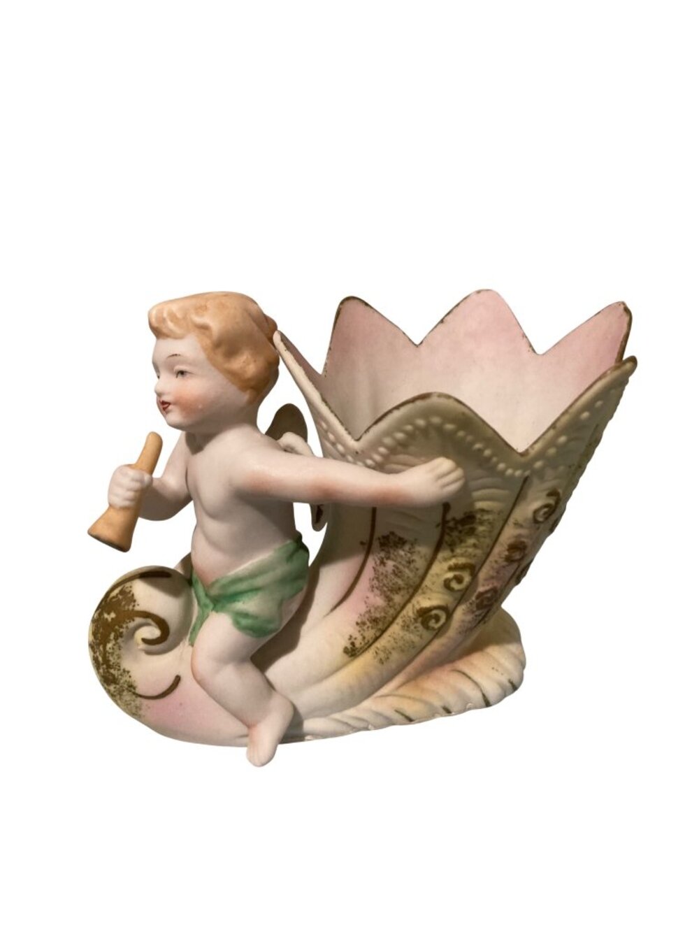 Vintage Porcelain Cherub Riding On A Cornucopia Shell Figural Planter Vase